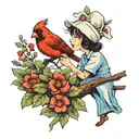 A whimsical scene of a nurse caring for a child, with a cardinal bird perched on a nearby tree branch tattoo design idea