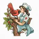 A whimsical scene of a nurse caring for a child, with a cardinal bird perched on a nearby tree branch tattoo design idea