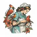A whimsical scene of a nurse caring for a child, with a cardinal bird perched on a nearby tree branch tattoo design idea