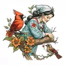 A whimsical scene of a nurse caring for a child, with a cardinal bird perched on a nearby tree branch tattoo design idea