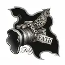 A camera, cardinal with leopard print and the word faith tattoo design idea