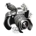 A camera, cardinal with leopard print and the word faith tattoo design idea
