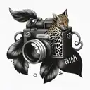 A camera, cardinal with leopard print and the word faith tattoo design idea