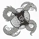 Two scorpios protecting a pisces zodiac sign intertwined tattoo design idea