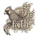 a cardinal flying spelling out the word faith with leopord print lettering tattoo design idea