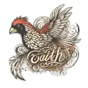 a cardinal flying spelling out the word faith with leopord print lettering tattoo design idea