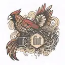 a cardinal flying spelling out the word faith with leopord print lettering tattoo design idea