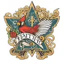 the word faith with a cardinal and leopard print  tattoo design idea