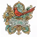 the word faith with a cardinal and leopard print  tattoo design idea