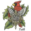 the word faith with a cardinal and leopard print  tattoo design idea