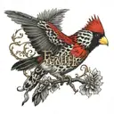 the word faith with a leopard print cardinal  tattoo design idea