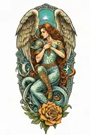 pisces and scorpio zodiac signs with a guardian angel watching tattoo design idea