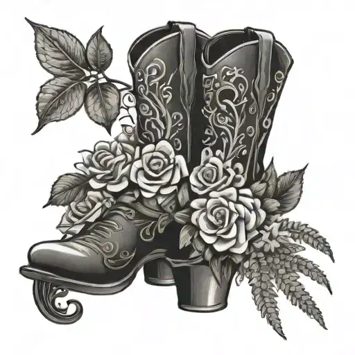 cowboy boot with roses, sweet pea flowers, vines, lilacs, daisys and ferns coming out of the cowbody boot  tattoo design idea