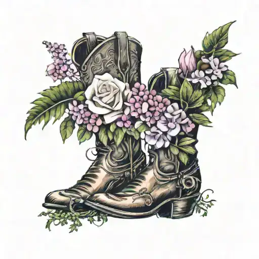 cowboy boot with roses, sweet pea flowers, vines, lilacs, daisys and ferns coming out of the cowbody boot  tattoo design idea