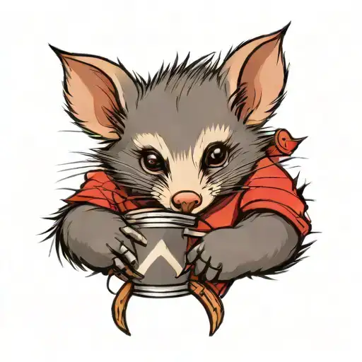 australian possum, grey fur, wearing a red tshirt, holding a wrestling chair. "Goodnight boys and girls" in a banner tattoo design idea