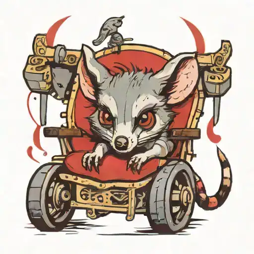 australian possum, grey fur, wearing a red tshirt, with a wrestling chair above its head. tattoo design idea