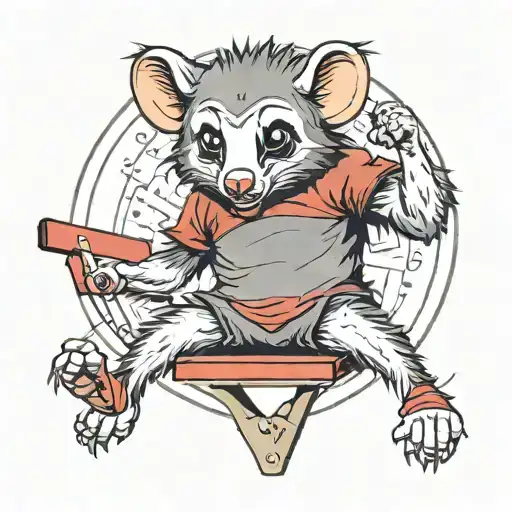 australian possum, grey fur, wearing a red tshirt, and holding a wrestling chair above its head. tattoo design idea