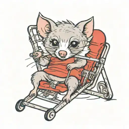australian possum, grey fur, wearing a red tshirt, holding a wrestling chair above its head. tattoo design idea