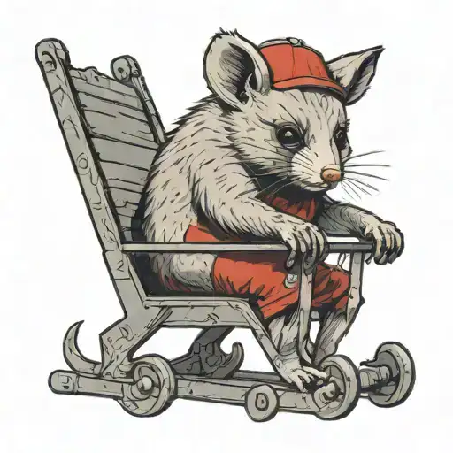 australian possum, grey fur, wearing a red tshirt, and holding a wrestling chair above its head. tattoo design idea