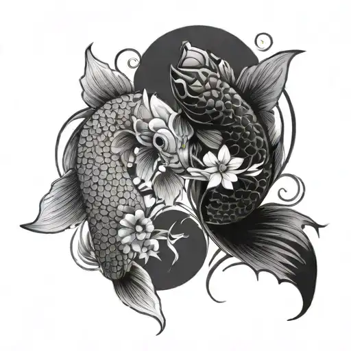 two koi fish yin yang with locust flower black and white tattoo design idea