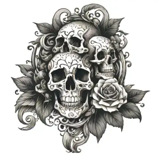 An intricate wave design incorporating flowers and skulls in a dotwork style tattoo design idea