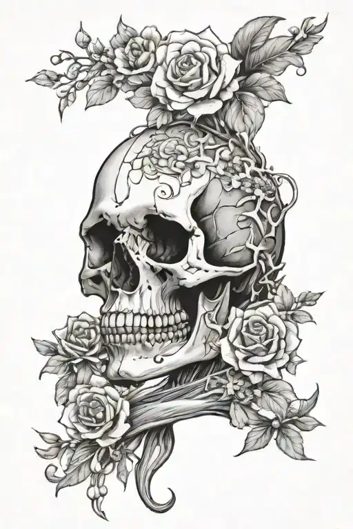 A wave breaking into a skull shape with flowers blooming from within, representing the cycle of life and death tattoo design idea