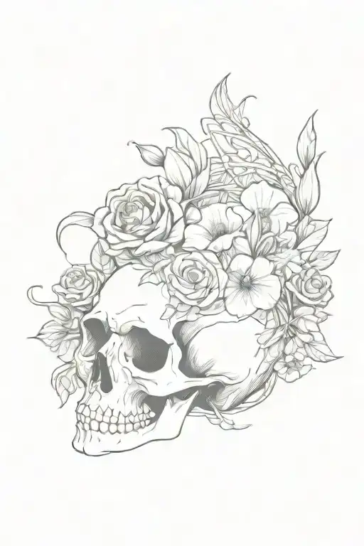A wave breaking into a skull shape with flowers blooming from within, representing the cycle of life and death tattoo design idea