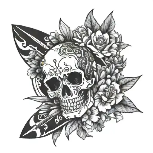 A skull with surfboards as crossbones surrounded by a wreath of flowers tattoo design idea