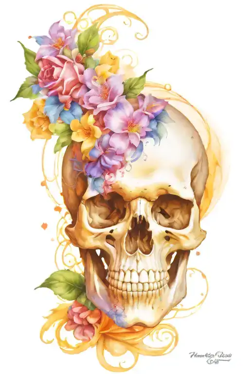 A wave breaking into a skull shape with flowers blooming from within, representing the cycle of life and death tattoo design idea