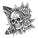 A skull with surfboards as crossbones surrounded by a wreath of flowers tattoo design idea