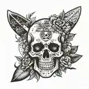 A skull with surfboards as crossbones surrounded by a wreath of flowers tattoo design idea