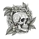 A skull with surfboards as crossbones surrounded by a wreath of flowers tattoo design idea
