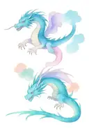 Haku dragon from the anime sprited away, he flies among the clouds, he has blue manes, among the purple and pink clouds, tattoo design idea