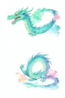 Haku dragon from the anime sprited away, he flies among the clouds, he has blue manes, among the purple and pink clouds, tattoo design idea