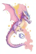 Haku dragon from the sprited away anime has blue mane. purple and pink clouds fly among yellow stars tattoo design idea
