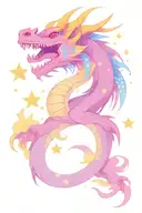 Haku dragon from the sprited away anime has blue mane. purple and pink clouds fly among yellow stars tattoo design idea