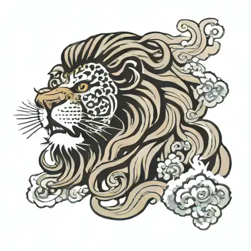 lion head with Japanese circular storm clouds as its mane  tattoo design idea