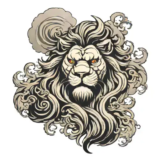 lion head with Japanese storm clouds swirling as its mane  tattoo design idea