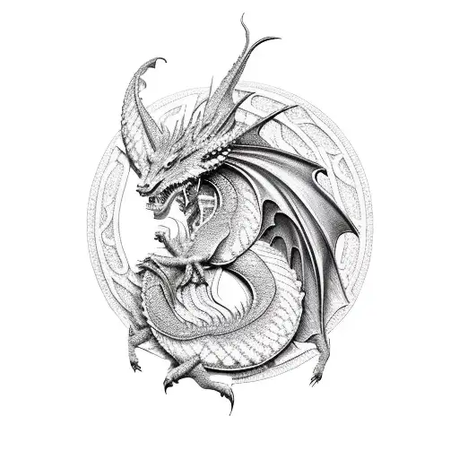 A mythical dragon crafted from intricately carved wood, symbolizing your fascination with fantasy and woodworking tattoo design idea