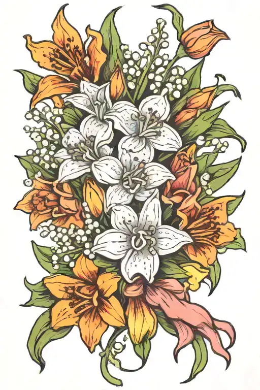 larkspur, Lily of the valley, daffodil bouquet tied tattoo design idea