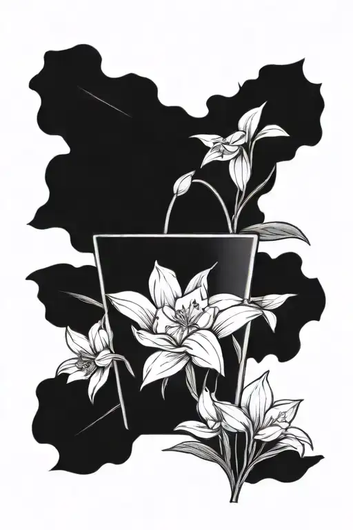 1 semi-spherical flower pot with 2 daffodils, 1 rose, 1 waterlilly, and 1 narcissus tattoo design idea