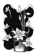 1 semi-spherical flower pot with 2 daffodils, 1 rose, 1 waterlilly, and 1 narcissus tattoo design idea