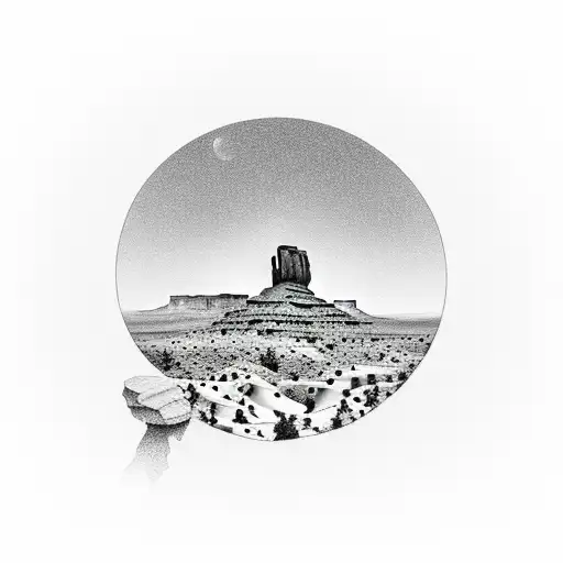 Desert landscape with a silhouette of a traveler exploring Monument Valley tattoo design idea
