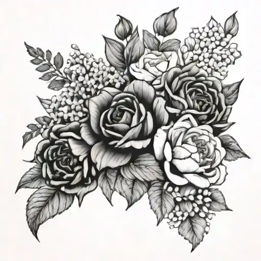october, march, june, and april birth flower bouquet tattoo design idea
