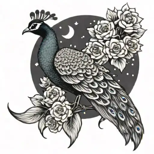peacock sitting on crescent moon  with flowers tattoo design idea