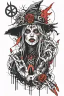 Satanic witch with scarecrow head and fingers peace sign tattoo design idea