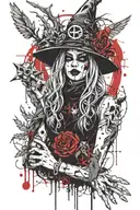 Satanic witch with scarecrow head and fingers peace sign tattoo design idea