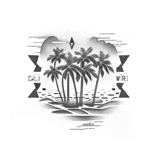 A dotwork representation of a California beach sunset with palm trees swaying in the breeze tattoo design idea