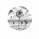 A dotwork representation of a California beach sunset with palm trees swaying in the breeze tattoo design idea