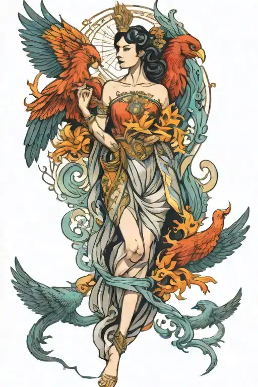 goddess themis with phoenix bird phoenix tattoo design idea